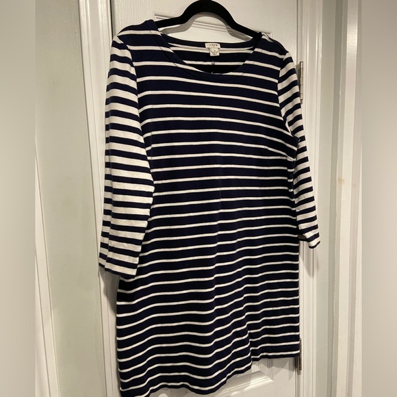 J. Crew Size M Navy Blue White Stripe Cotton Long Sleeve Pullover Shirt Dress - Picture 4 of 11